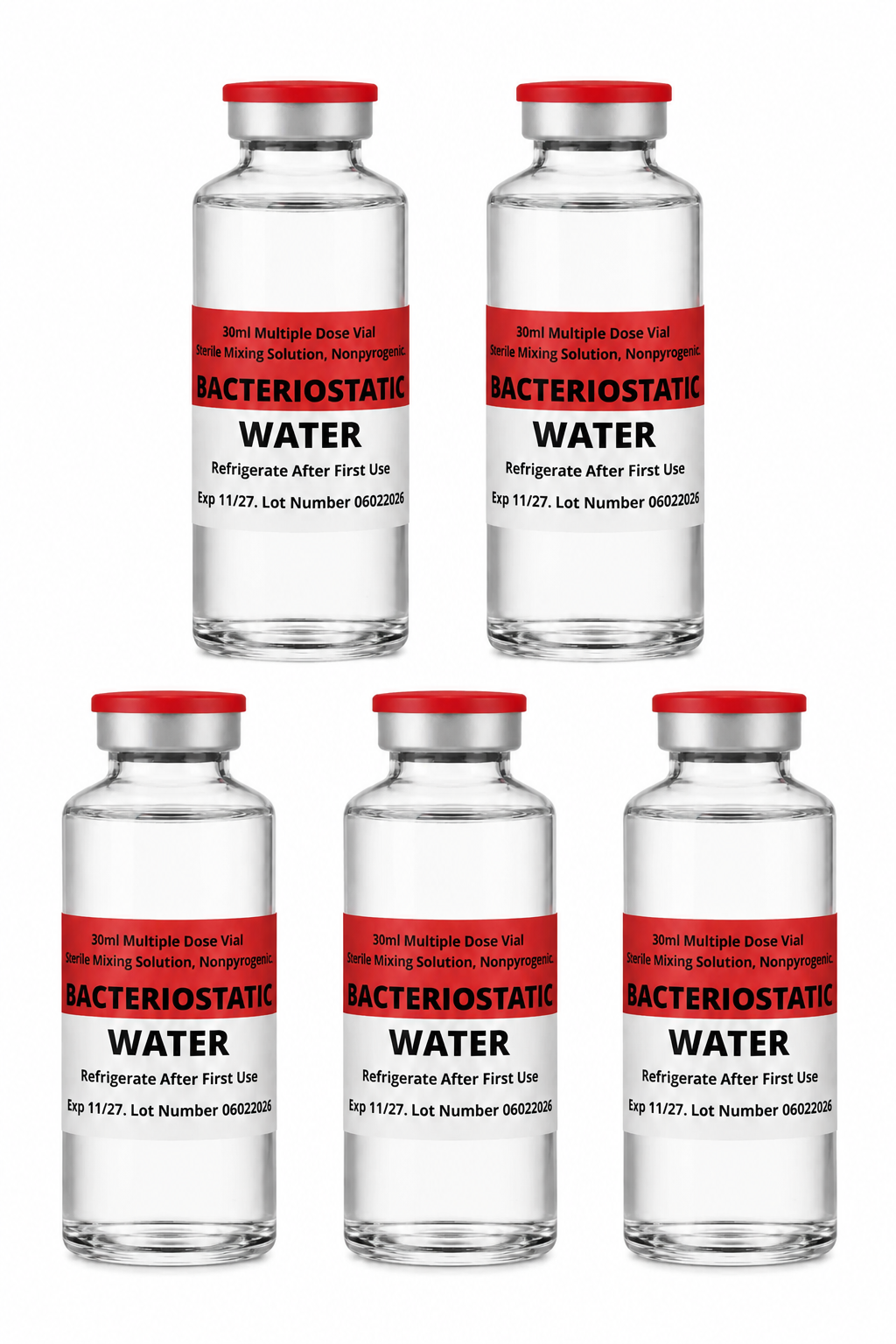 Five 30ml bacteriostatic water vials
