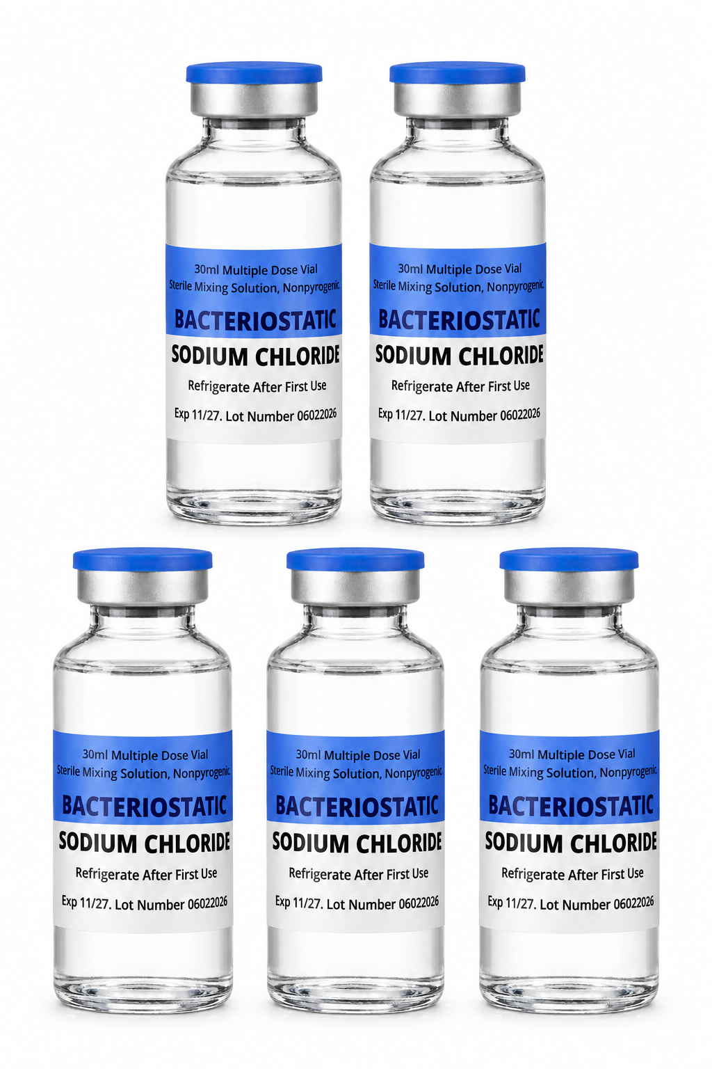 Five 30ml bacteriostatic sodium chloride vials